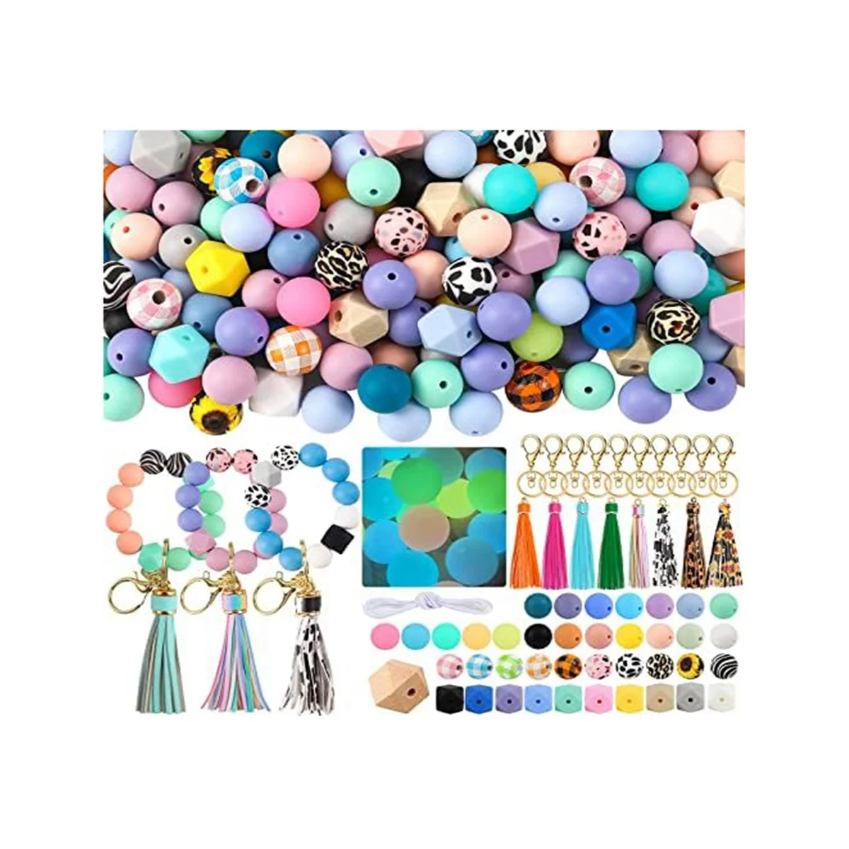 

221Pcs 15Mm Bulk Silicone Rubber Keychain Beads with Tassels and Key Chain for DIY Keychain Making Supplies