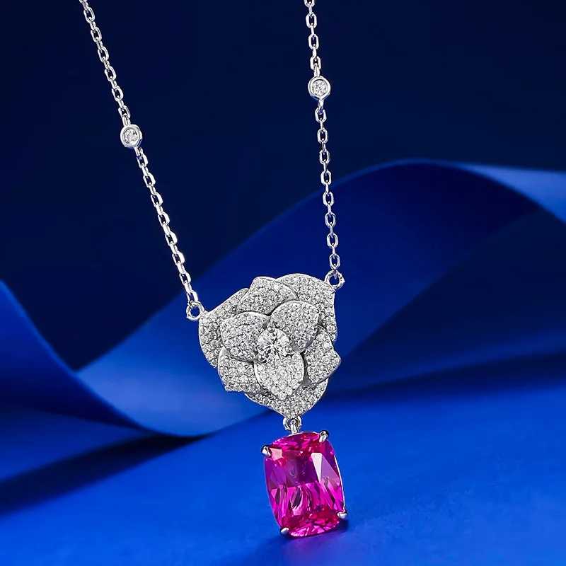 New S925 Silver Micro Set Camellia 9 * 12 Rose Red Diamond Necklace Women's Clavicle Chain Pendant