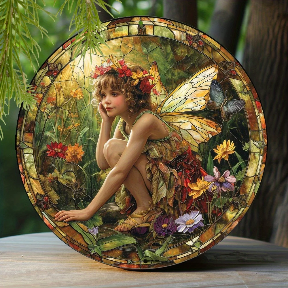 Enchanting Fairy Themed Circular Aluminum Decor Sign HD Printed, Weather-Resistant,Easy to Install Ideal for Home & Father's Day