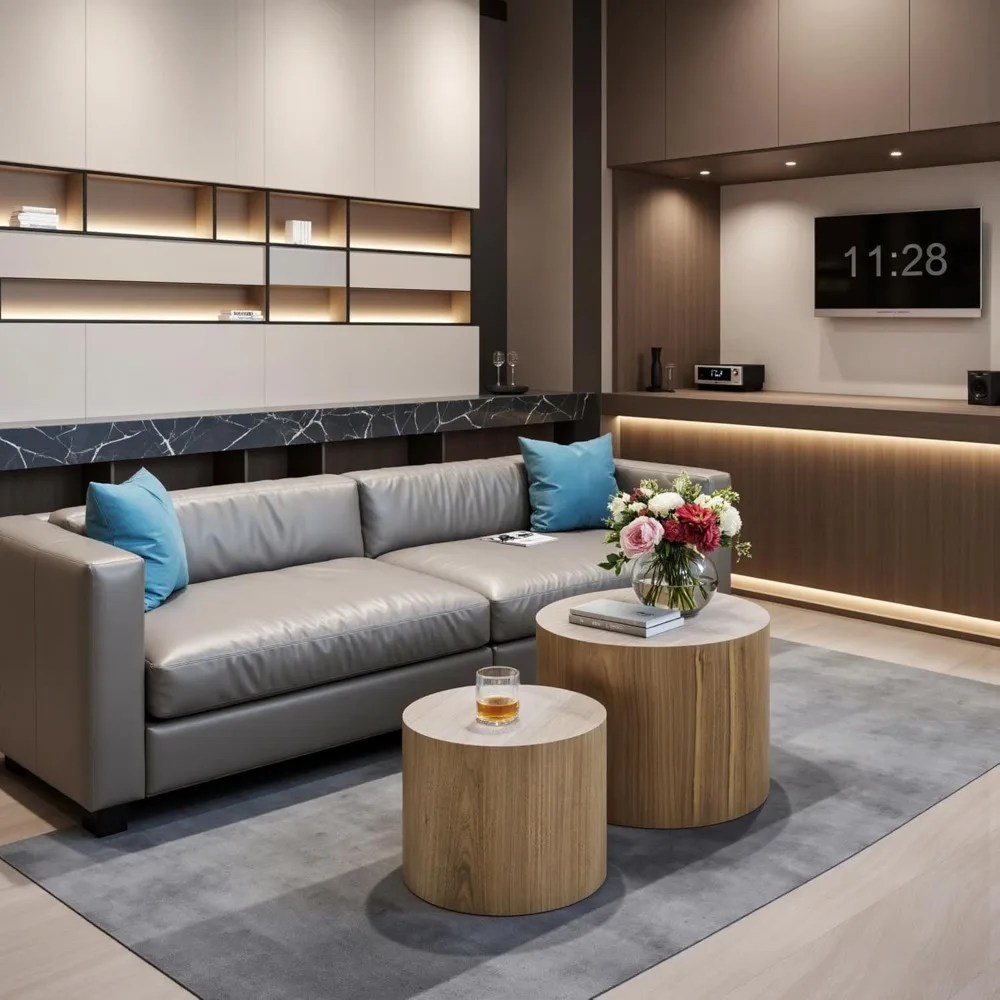 Nesting Coffee Table Set of 2, Modern Round Coffee Table with Non-Slip Feet, Wooden Circle Side Table and Accent Furniture