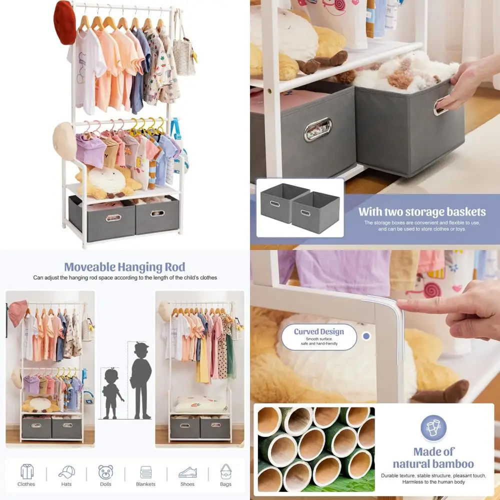 رف ملابس للأطفال مصنوع من الخيزران مع سلتين للتخزين وقضبان تعليق قابلة للتعديل، وحامل ملابس للأطفال مع رف، وحامل تلبيس f #1