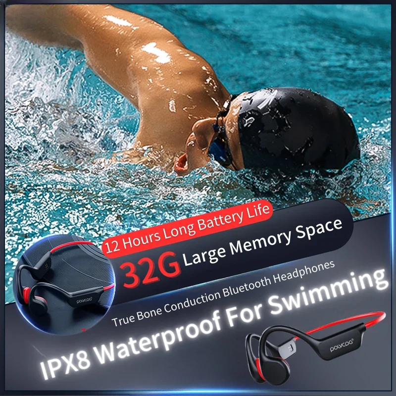 POLVCDG Knochenleitungs-Headset X7 IPX8 32 GB Bluetooth 5.3 Wireless-Headset mit Mikrofon Wasserdicht Schwimmen 2023 Neu