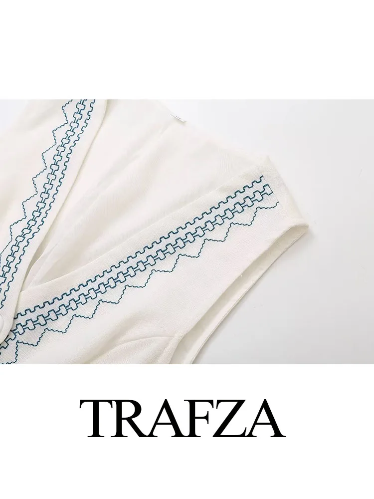 TRAFZA Summer Women Elegant Suit Embroidery V-Neck Sleeveless Single Breasted Waistcoats+Pocket Elastic Waist Long Pants Mujer