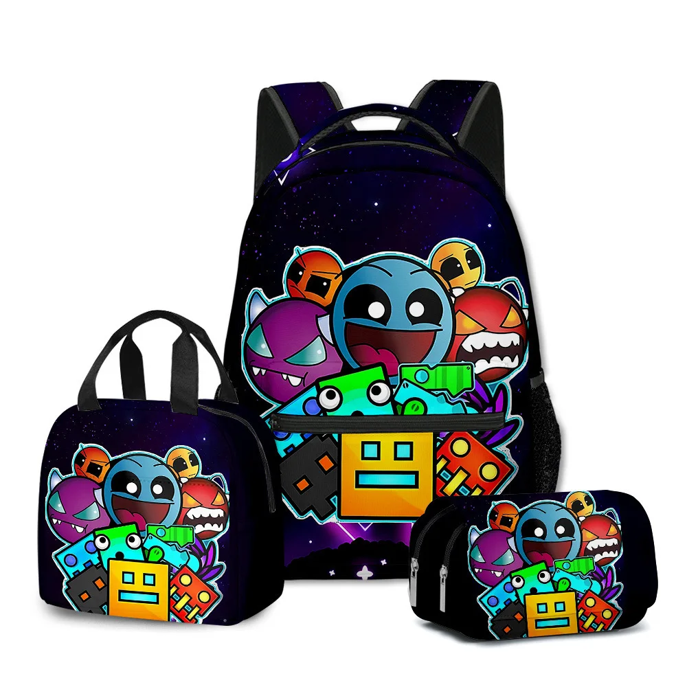 Cartoon Novelty Harajuku Cool Geometry Dash 3D Print 3pcs/Set Student School Bags Laptop Daypack Backpack Lunch bag Pencil Case