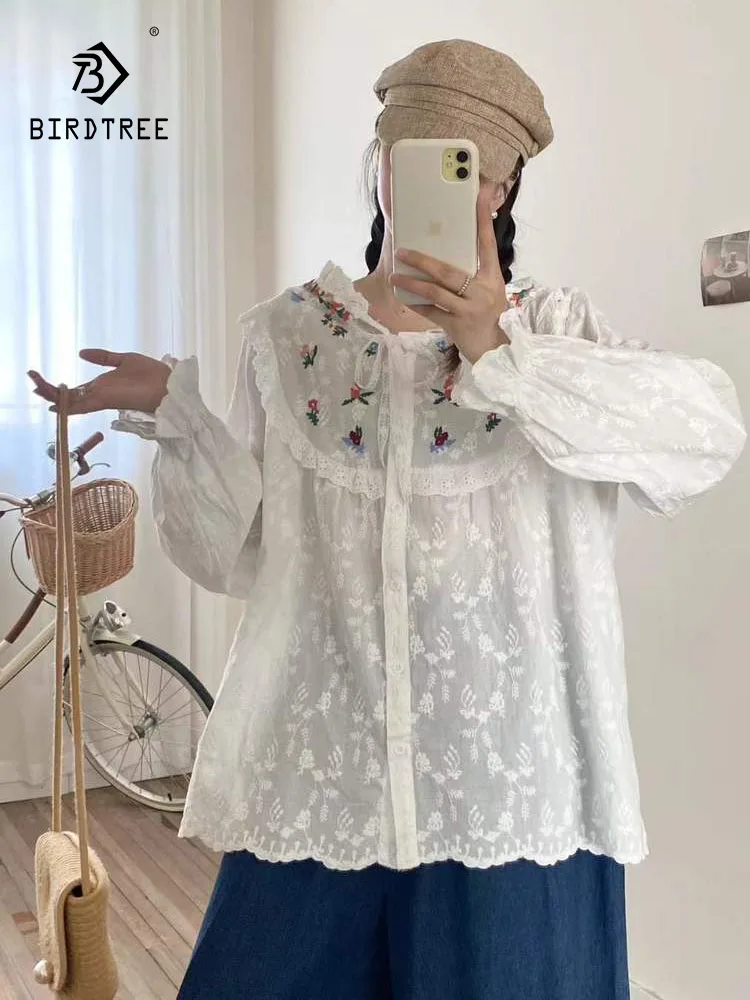 เสื้อเชิ้ตแขนยาวมีฮู้ดผ้าฝ้ายสำหรับฤดูใบไม้ร่วงปี 2025 ใหม่ล่าสุด  สำหรับผู้หญิง  ตกแต่งด้วยลายปักและระบาย  สไตล์โมริเกิร์ล  แบบฝรั่งเศส  หวาน  ชิค  ทรงหลวม  รุ่น T59355CC