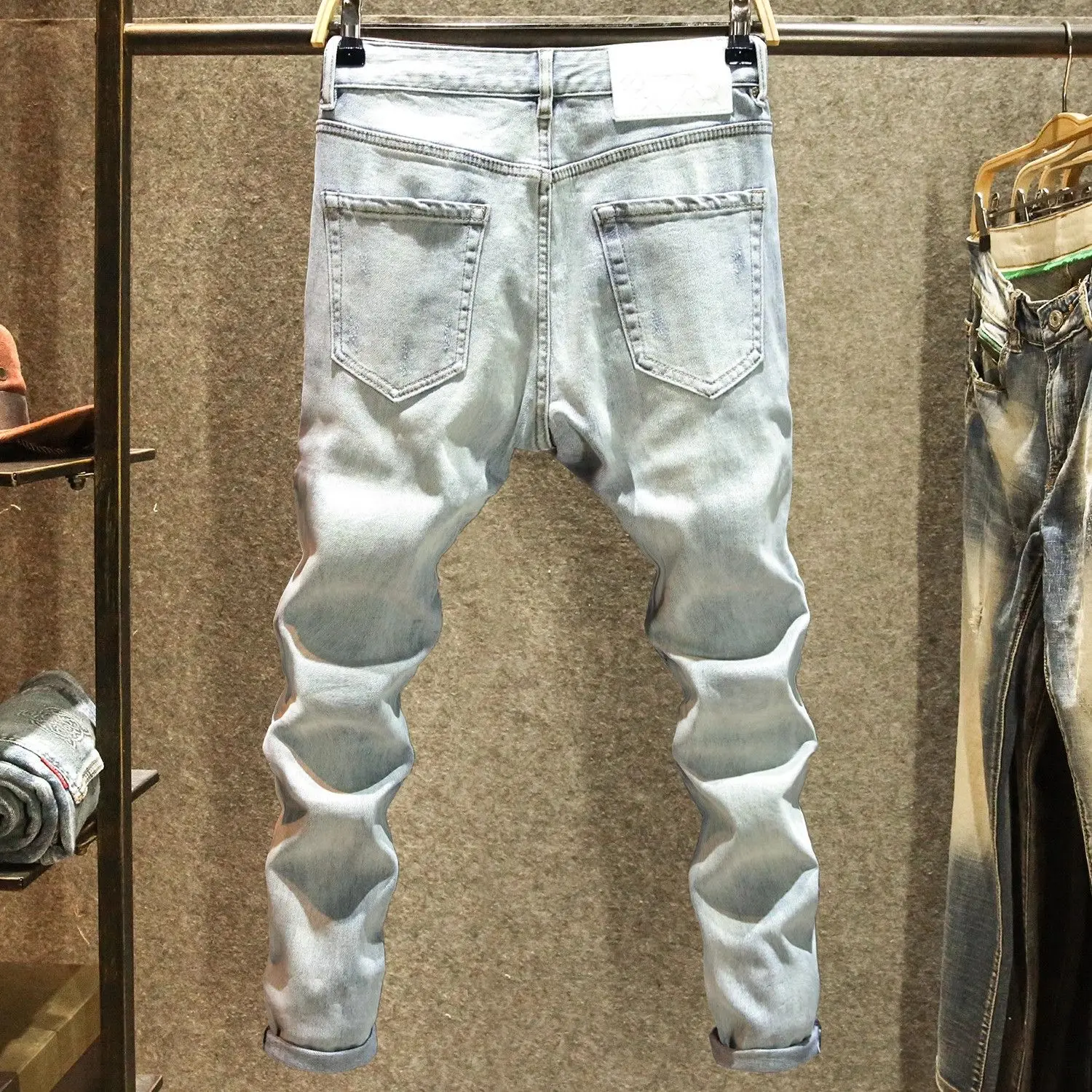 2025 Summer Ripped Jeans Men's Slim-fitting Small Feet Elastic Trousers Trendy Brand Fashion Scratched Patch Cargo Beggar Pants