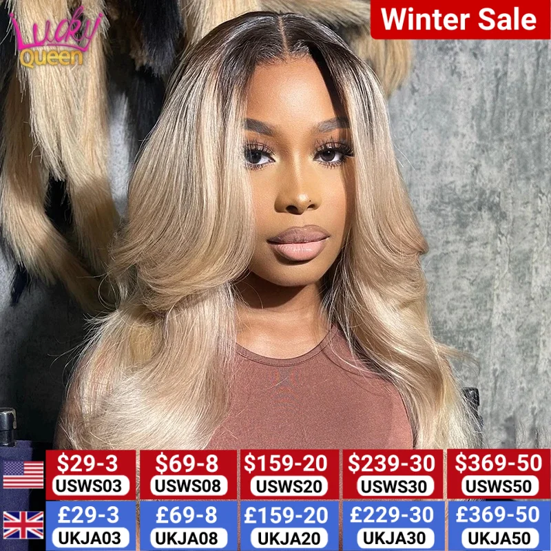 Ombre Ash Blonde Body Wave Wig with Layer Dark Root Transparent Lace Front Human Hair Wig for Women 5X5 Closure Wig Pre Plucked