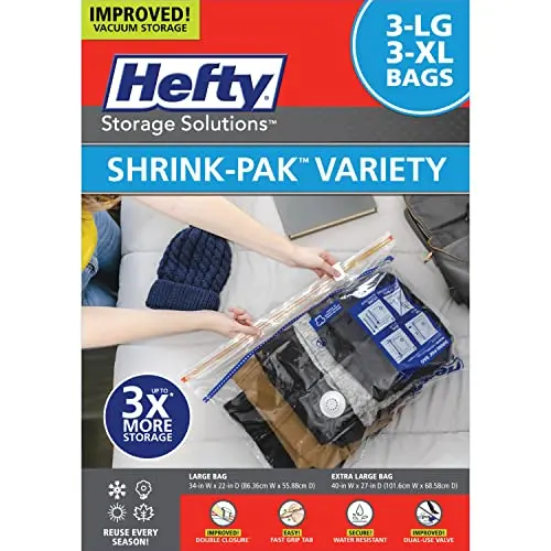 

Вакуумные пакеты Hefty Shrink-Pak для хранения - экономия места для хранения под кроватью, одежды и одеял, устойчивые к запахам, в 3 раза больше вместимости