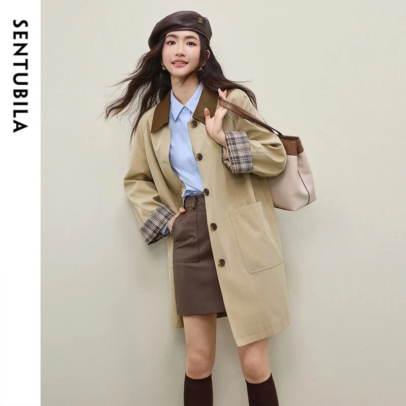 

SENTUBILA Women's Long Trench Coat 2026 Contrast Lapel Collar Splicing Plaid Cuff Loose Coats Spring Casual Outerwears 161FA1944