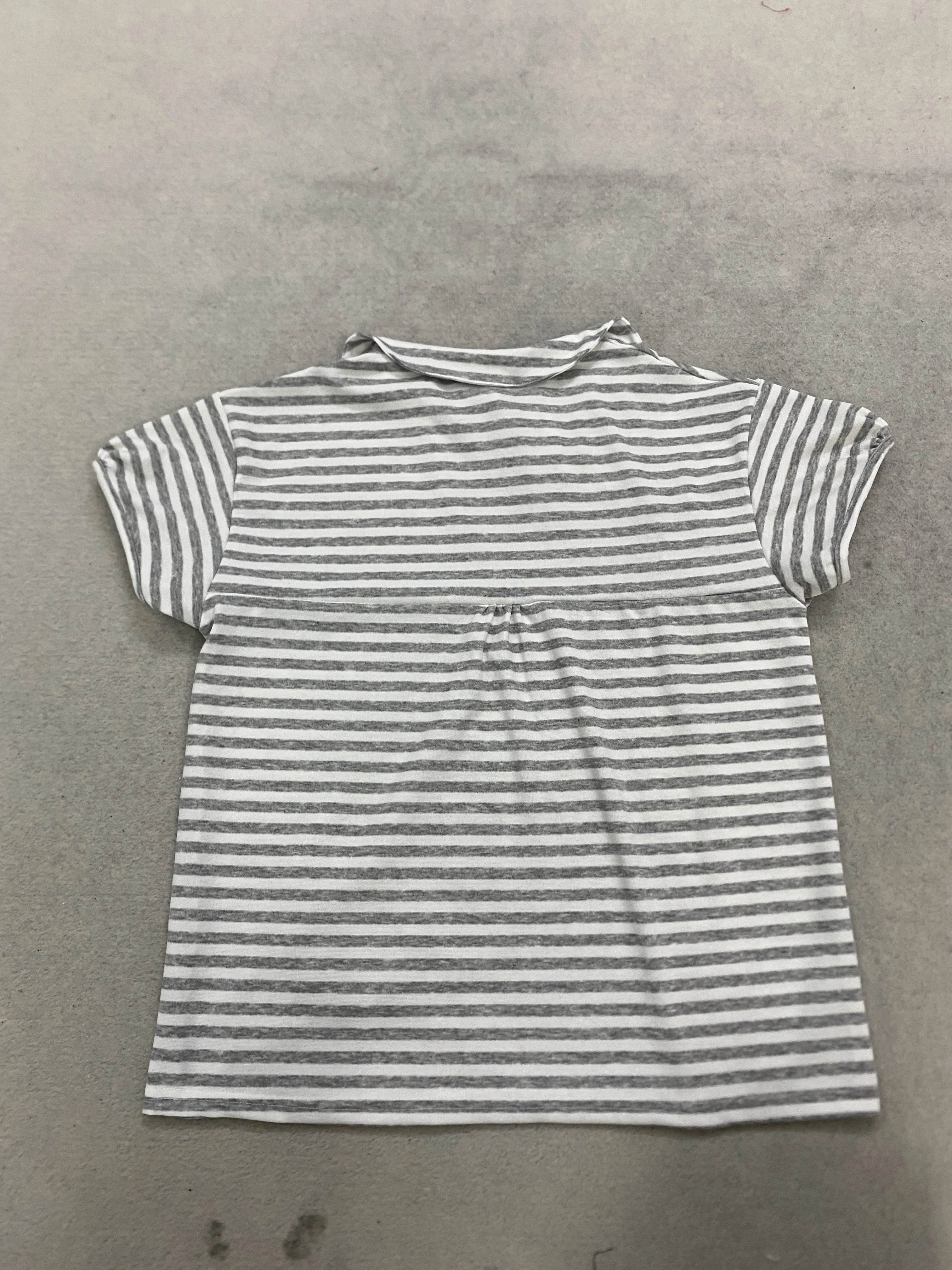 Japanese Style Grey White Stripe T‑Shirt Peter Pan Collar Diagonal Buttons Pocket Loose Short Sleeve Top