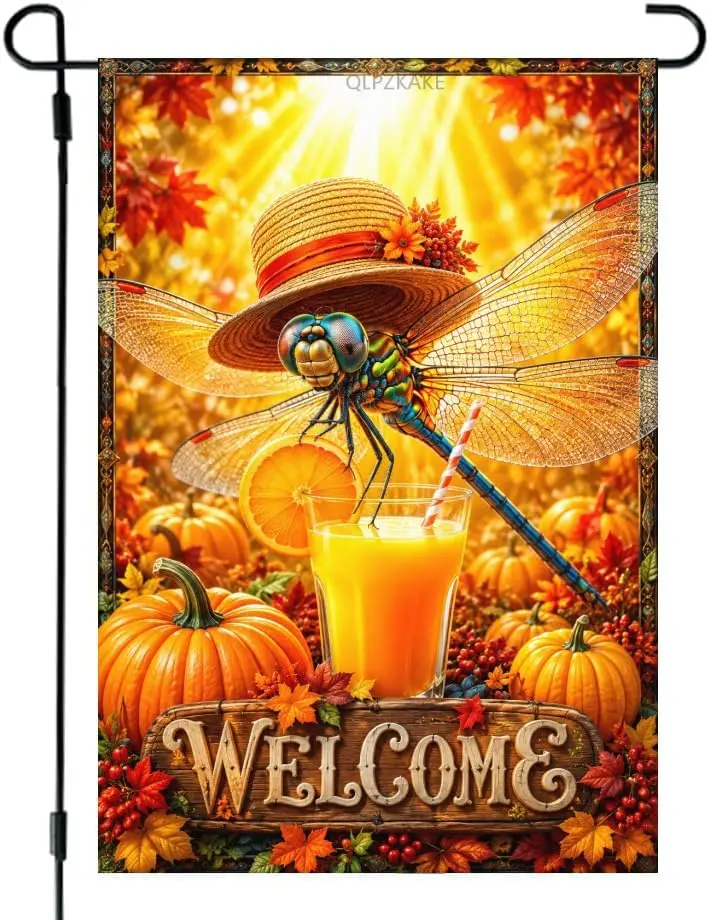 Dragonfly Garden Flag 28x40 Inch Double Sided Linen Fall Harvest Welcome Banner Featuring Dragonfly Pumpkin and Autumn Folia kkz