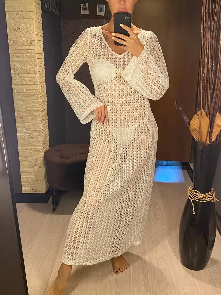 

2025 Long Sleeve See Through Crochet Knitted Tunic Beach Cover Up Cover-ups Beach Dress Beachwear Female Women Beach Wear V5441