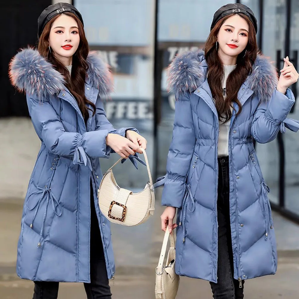 2024 moda autunno inverno giacca in cotone femminile collo di pelliccia blu cappotto con cappuccio caldo Casual imbottito Parka signore piumini donna