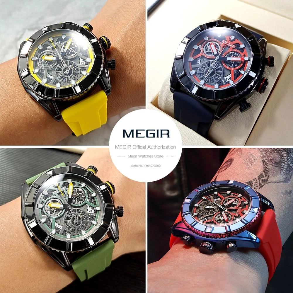 MEGIR moda sarı silikon kayış Quartz saat erkekler su geçirmez askeri spor erkek saatler üst marka lüks kronograf saat