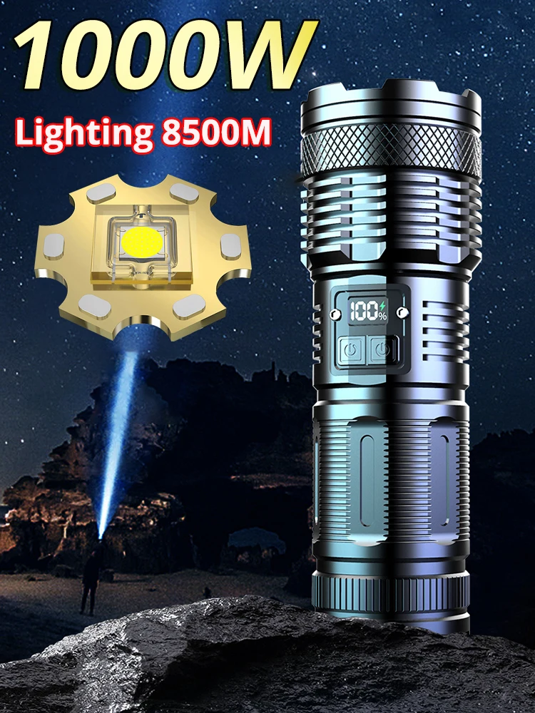 9500M LED White Laser Flashlight USB C Rechargeable 3000W Flash Light 9900000000LM High Power Flashlights Zoom Tactical Lantern