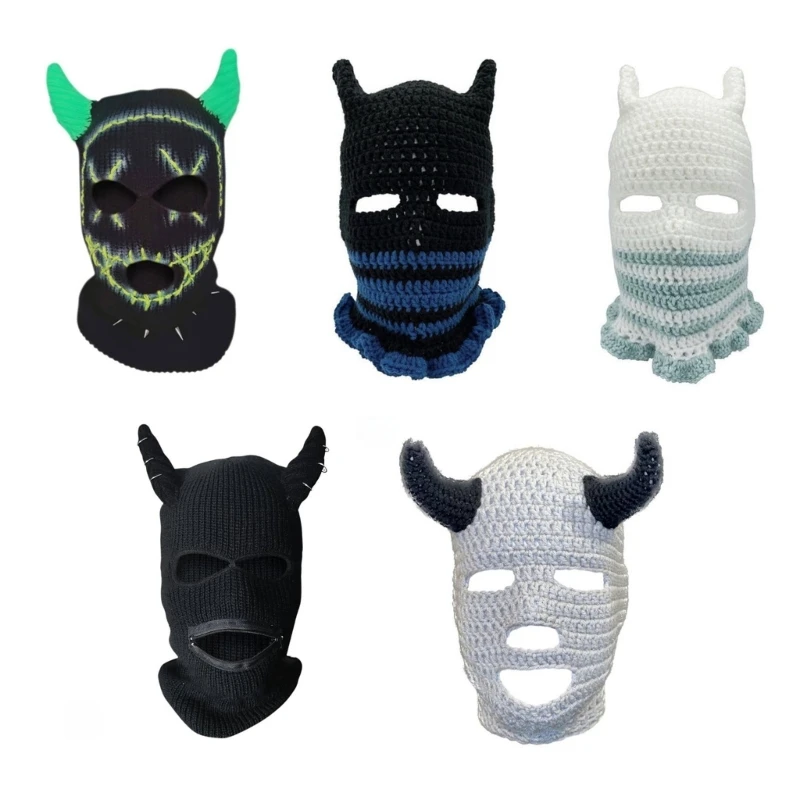 Halloween Funny Knit Hat Warm Full Face Cover Devil Horn Balaclava Hat