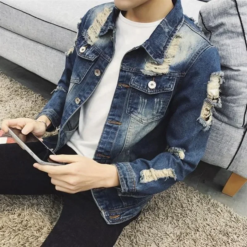 Male Jean Coats Ripped Men's Denim Jacket Casual Slim with Hole Vintage Short Autumn Fast Delvery Original Y2k Low Price Korea G