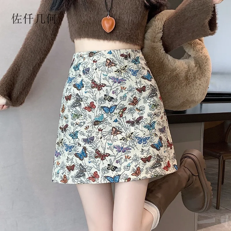 Butterfly Embroidery Jacquard Skirt Women 2025 Fall New High-waisted A-line Short Skirt Woman