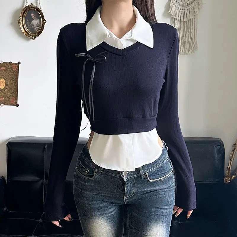 

American Fake Two-Piece T-Shirt Contrasting Color College Style Splicing Polo Slim Fit Long-Sleeved Hot Girl Top