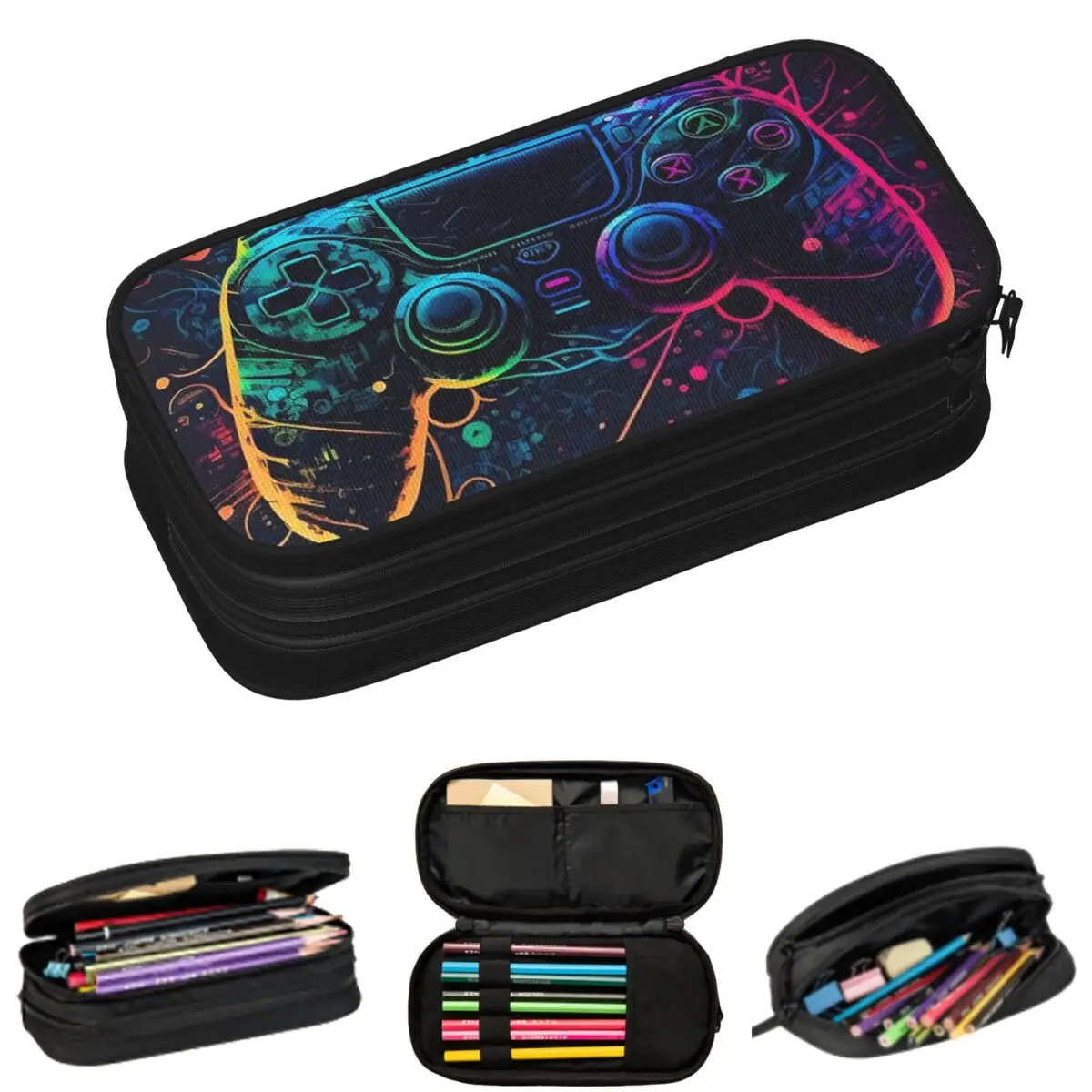 Neon Light Game Controller Gamepad Pencil Cases for Students Gifts Pen Box Pencil Bag Large Storage Pencil Pouch