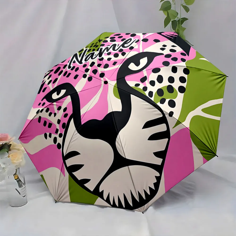 Custom Name  Artistic Leopard Print Umbrella with Vibrant Colors Print 8 Iron Ribs Folding Umbrella Auto-Open Fashion Sunshade
