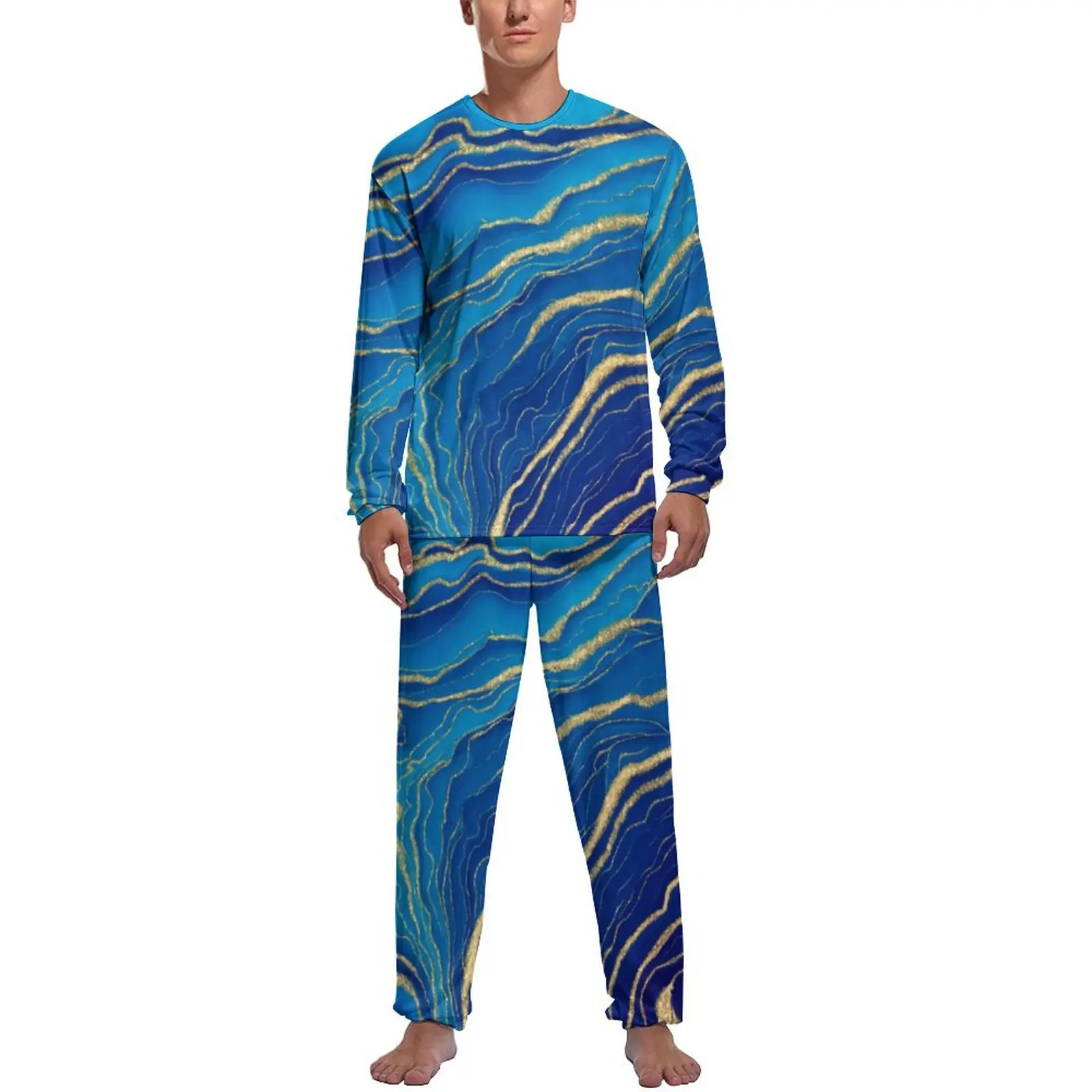 Liquid Marble Pajamas Autumn Blue and Gold Aesthetic Home Suit Male 2 Piece Pattern Long-Sleeve Lovely Pajamas Set