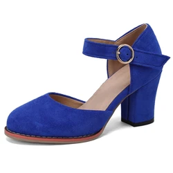 Black Medium Heels Shoes Woman Elegant D'Orsay Dress Pumps Ankle Straps Solid Blue Red Black Office Wedding Shoes Girls Big Size