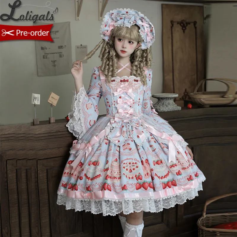 

Pre-order Antique Lolita OP Dress Strawberry Printed Long Flare Sleeve Vintage Dress ~ Dessert Master by Twin Bear