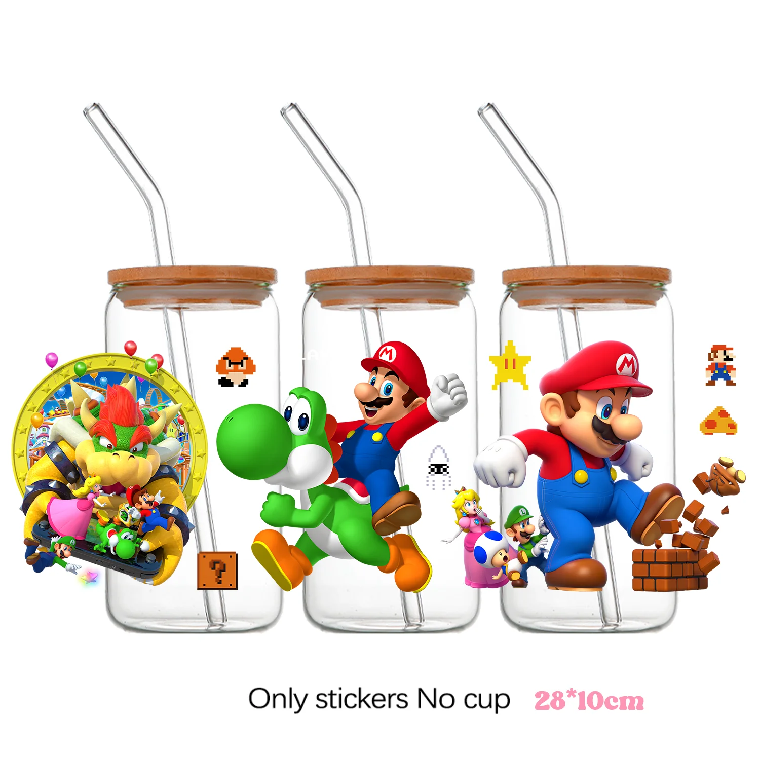 سوبر ماريو بروس لتقوم بها بنفسك القرطاسية ملصق دائم مقاوم للماء تخصيص نقل ملصق ماريو 16 أوقية الأشعة فوق البنفسجية DTF كأس ملصق هدية