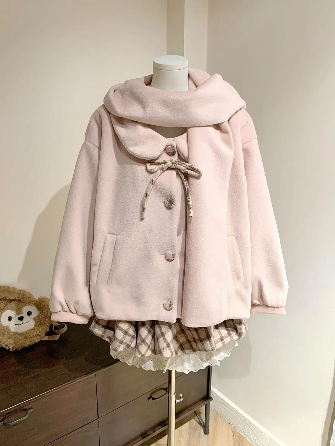 

Japan Sweet And Cute Scarf Hooded Woolen Coat + Plaid Lace Splicing Skirt Suit Two-Piece Set