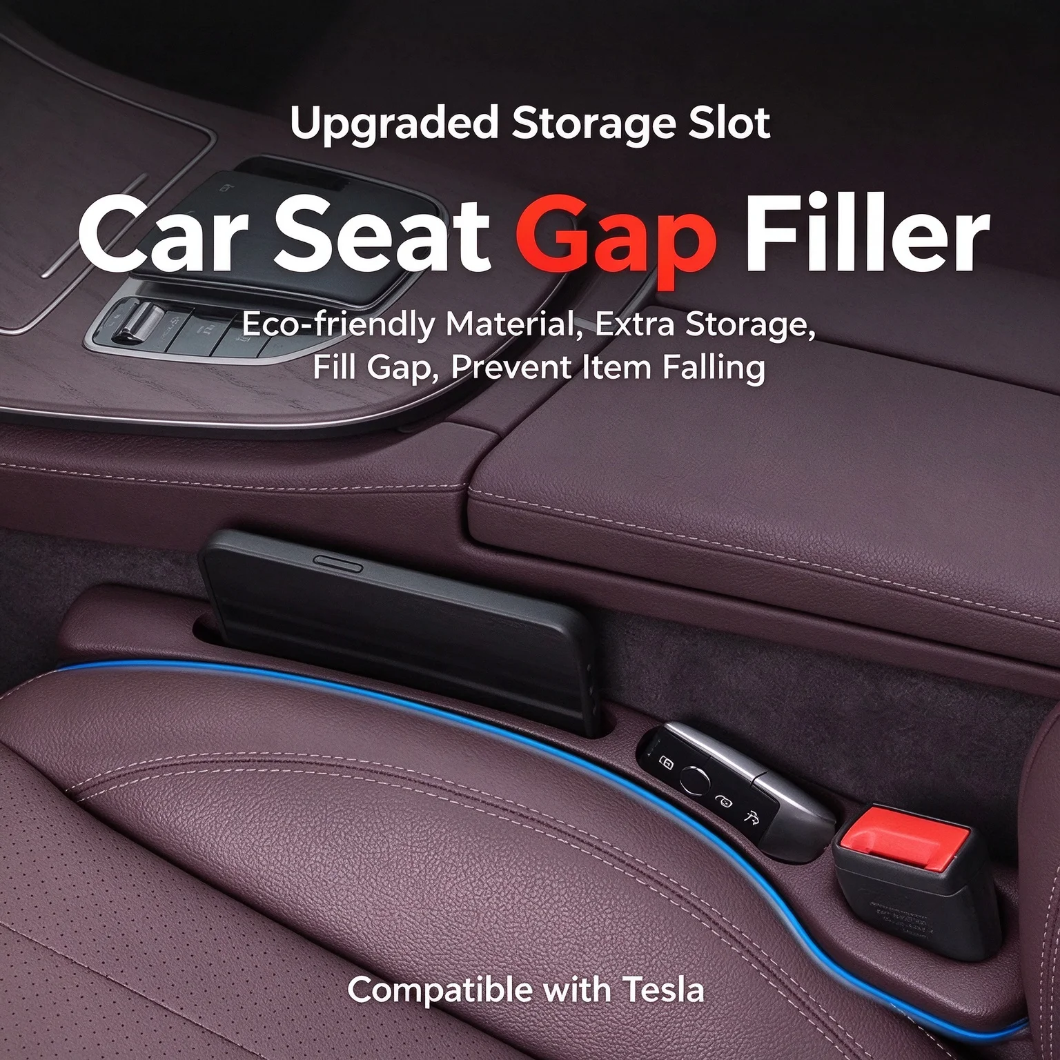 Car Seat Gap Filler Storage Box, Leak Proof Seat Crevice Strip Compatible with Tesla, Stop Keys Phone Falling Into Car Seat Gap
