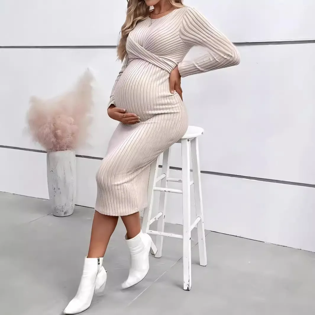 Maternity Dress Long Sleeve Pregnancy Dresses Autumn Slim Elegance Close-fitting One-piece Streak Skirt Mother Clothes Pregnant