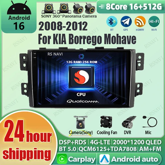 Radio Multimedia para Auto con Pantalla 2K Android 16 Carplay, Reproductor de Video para Kia Borrego Mohave 2008-2012, DSP 2din, Wifi, GPS, Estéreo