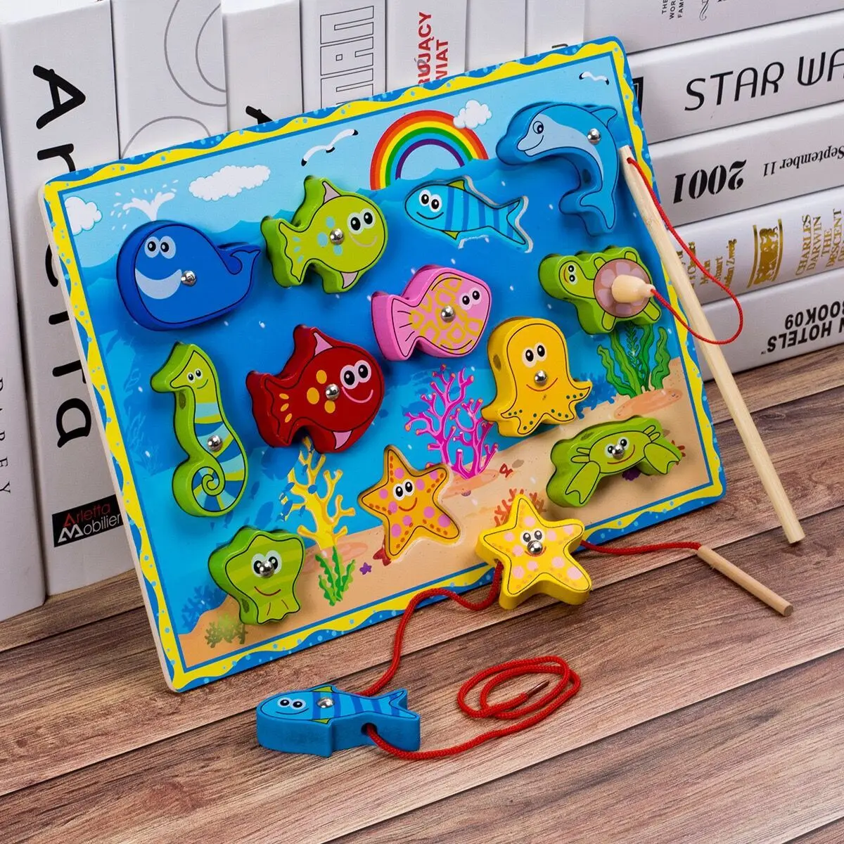 Wooden toy magnetic fishing puzzle board building block children's toy fishing rod toys kindergarten parent-child fun game