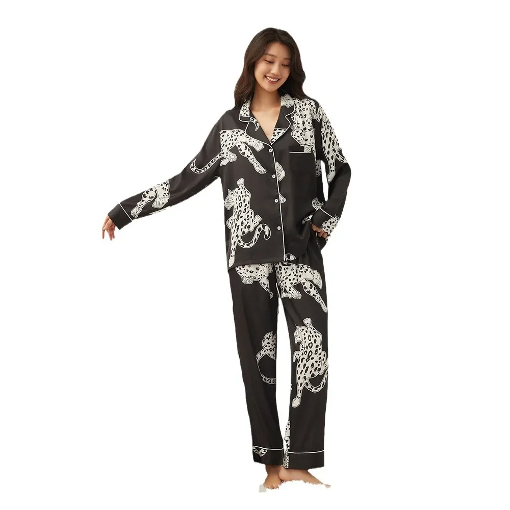 Secret Leopard series women\'s pajamas, long-sleeved trousers, ice silk loungewear, two-piece set pijama mujer  pijamas women