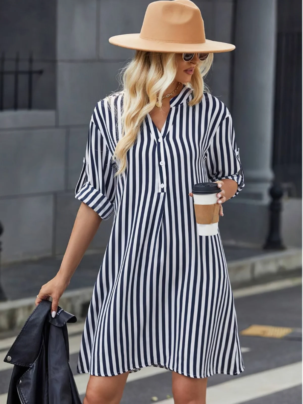 

Autumn New Sle Casual V-ne Striped Pattern Loose Long Sve Mid-length irt Top Faionable Polyester Fiber Ladies' irt