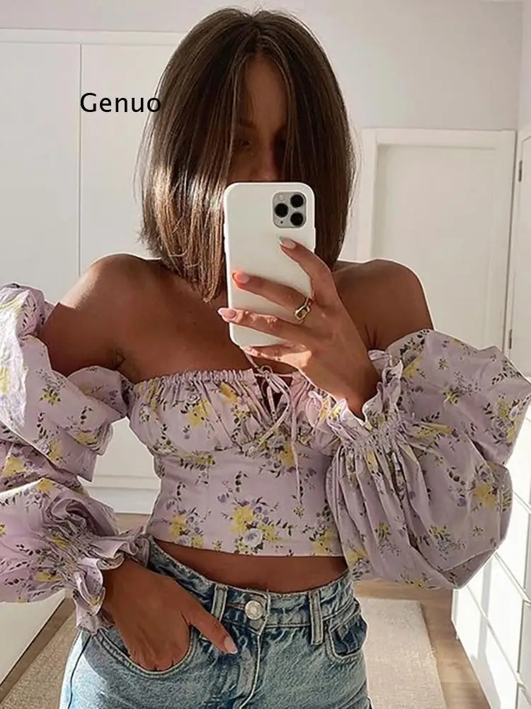 Puff Sleeve Blouse Women Floral Print Ruched Hollow Out Zipper Tie Up Slim Fit Crop Top Prairie Chic Square Neck Blouses