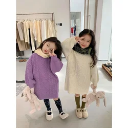Children Mid Length Sweater Dress Korean Version of Children Wear 2024 Winter New Girls Thick Round Neck Long Sleeve Sweater