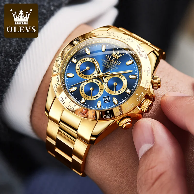 OLEVS Gold Blue Dial Automatic Mechanical Men Watch Multi-function Business Casual Wristwatch Waterproof Watches Montre Homme