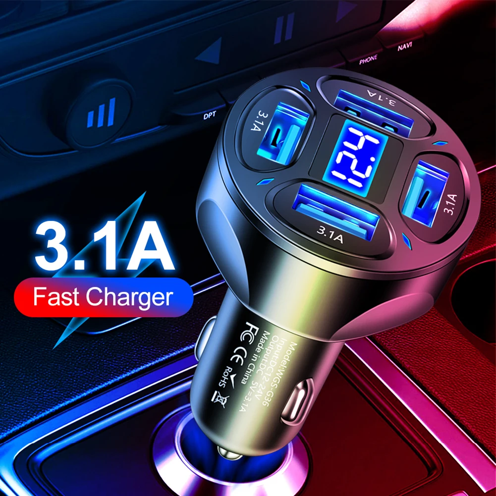 4Ports USB Car Charger Adapter LED Display 3.1A Fast Charging Accessories -Cigarette Socket -Lighter ABS Car Phone Charger