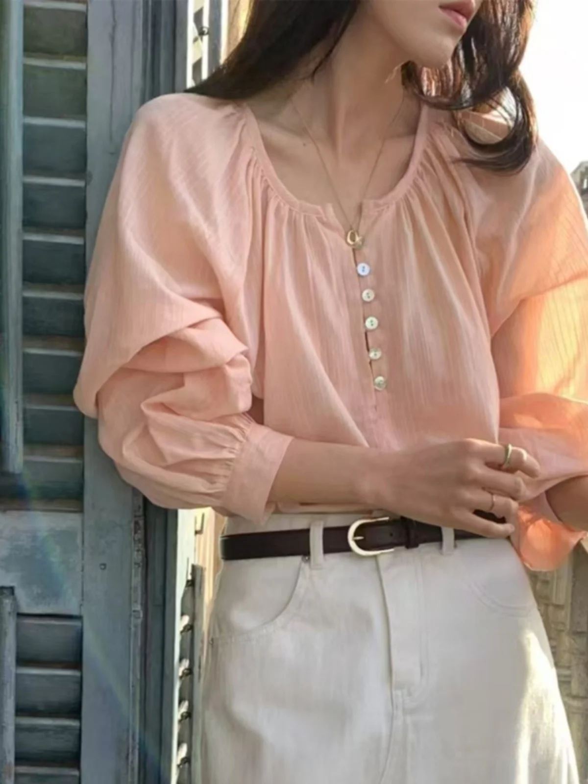 

Chic Spring Women's Long Sve Loose Fit Button up round Ne irt Gentle Lazy Sle Casual Korean Version Slimming Effect