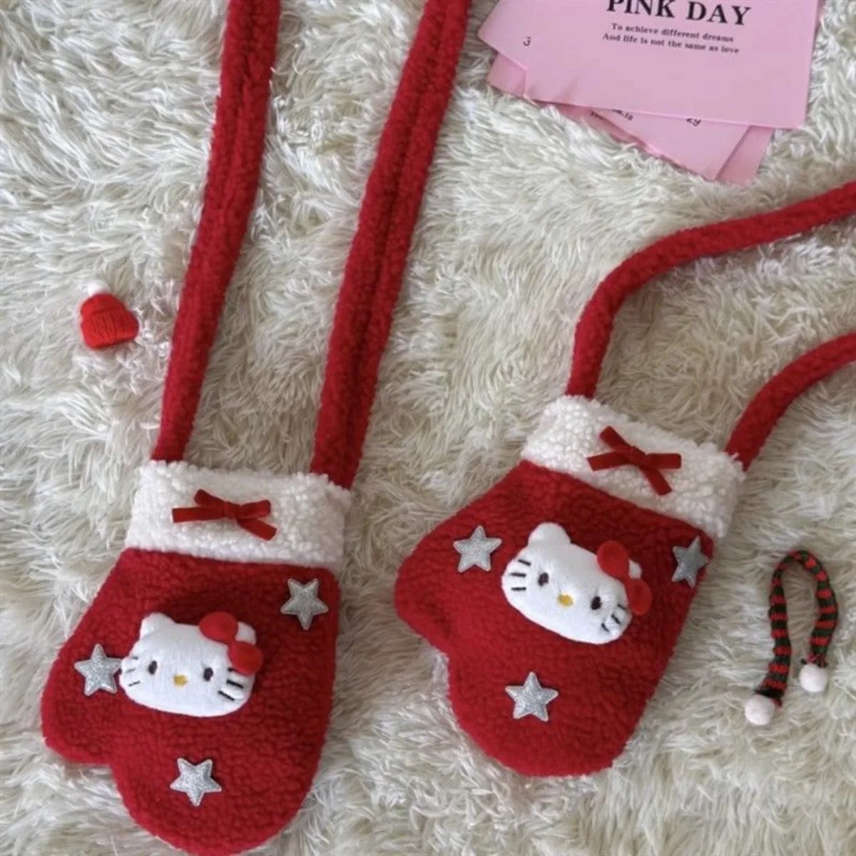 Olá kitty crossbody saco miniso dos desenhos animados kawaii natal pelúcia luva de ombro saco inverno versátil armazenamento do telefone móvel presente