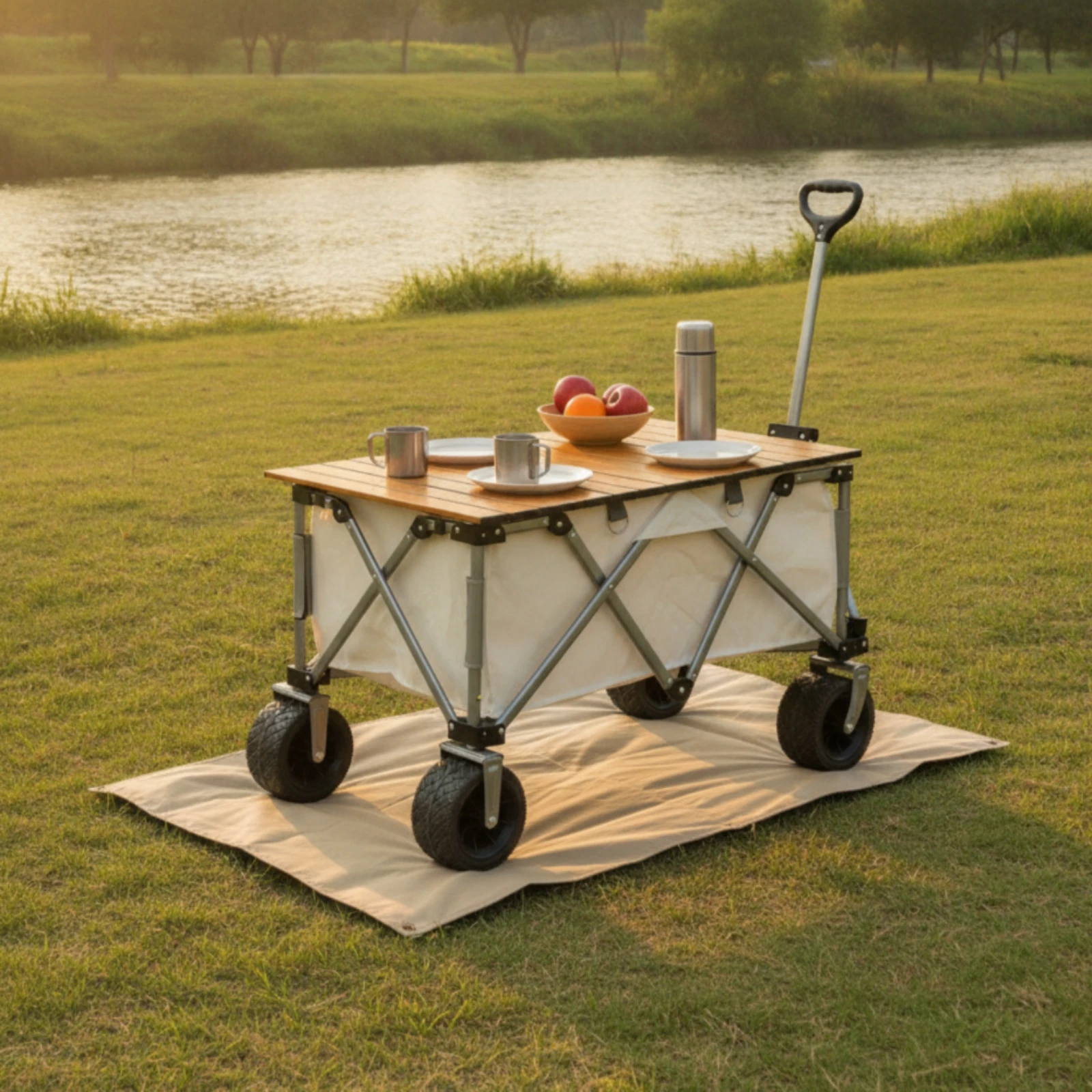 Foldable Cart Tabletop with Support Rods Compact Slatted Wagon Table Top Furniture Space-Saving for Campers, Camping, Picnics