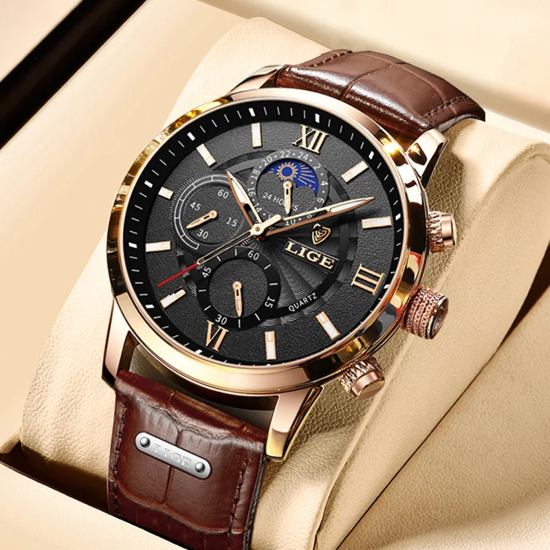

LIGE кожаные мужские часы модные повседневные спортивные кварцевые часы с фазой Луны корпус из розового золота водостойкий светящийся хронограф мужские часы