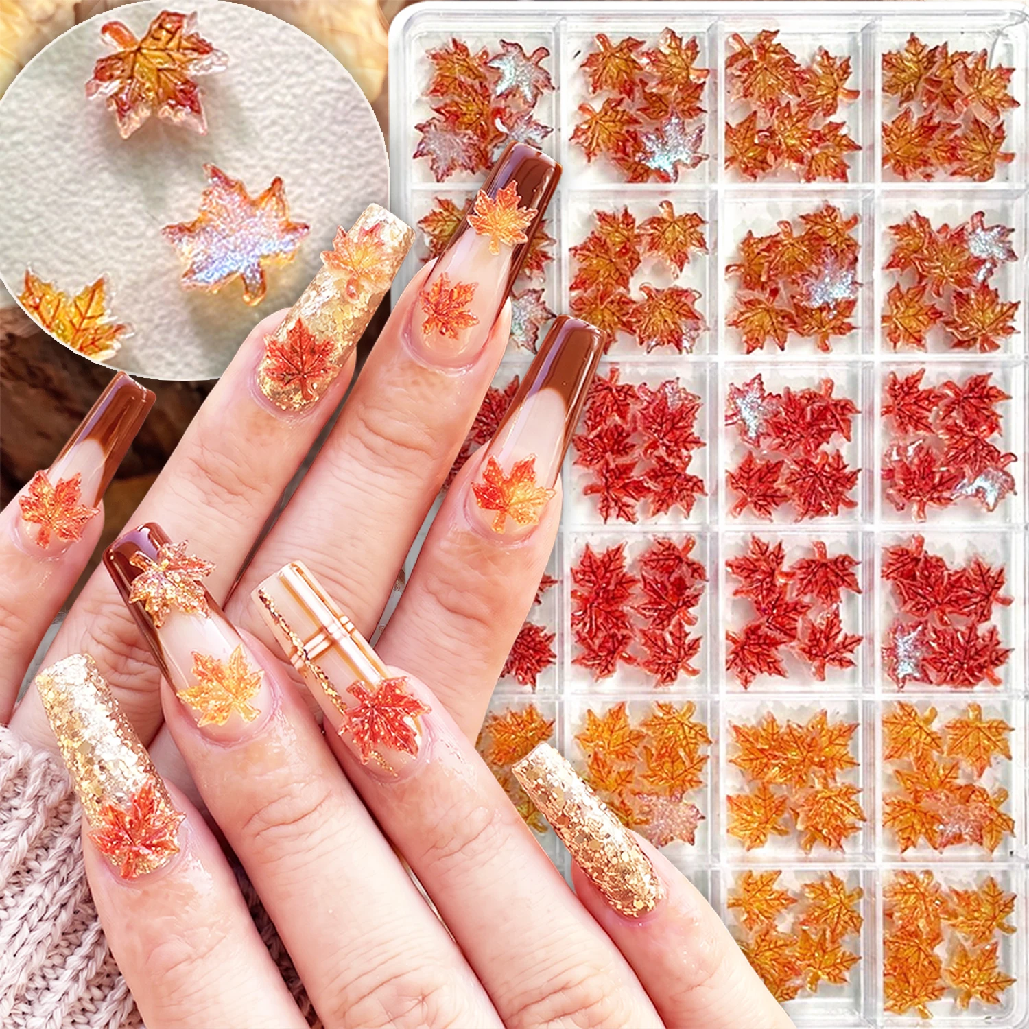 24Grids 3D Maple Leaf Resin Nail Charms Transparent Gold Foil Autumn Falling Leaves For Fall Thanksgiving DIY Manicure NailDecor
