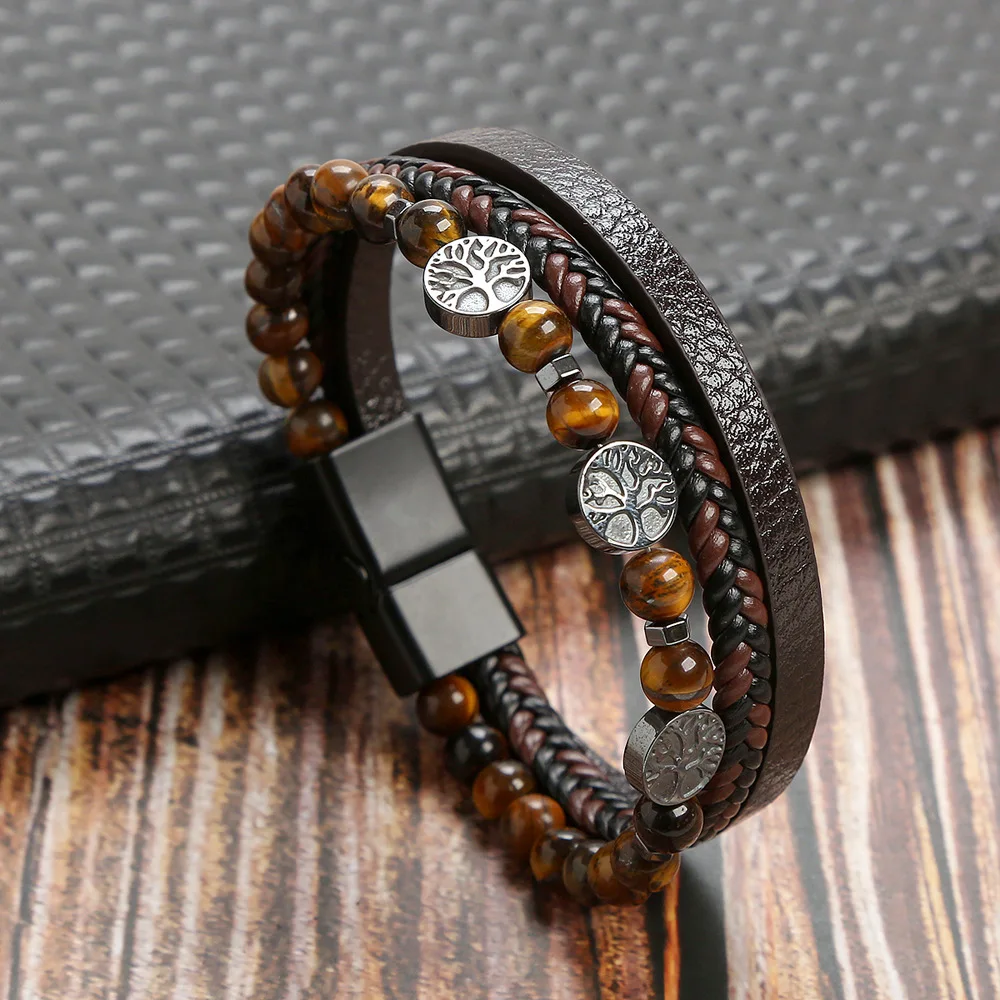 Hot Fashion Beads bracciale in pelle da uomo Classic Fashion Tiger Eye Beaded bracciale in pelle multistrato per regalo di gioielli da uomo