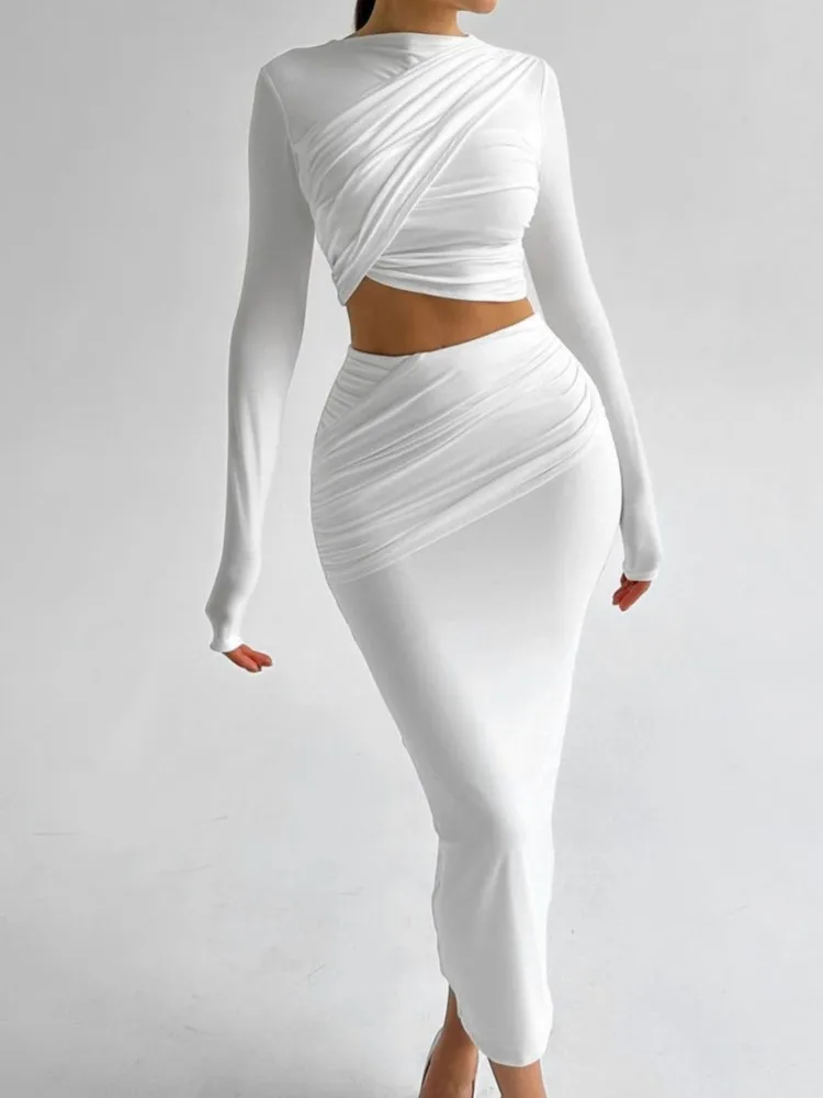 

Sexy Slim 2 Pieces Set For Woman Fashion Black White O Neck Long Sleeve Short Tops+Package Hip Skirt Outfits Lady Holiday Party