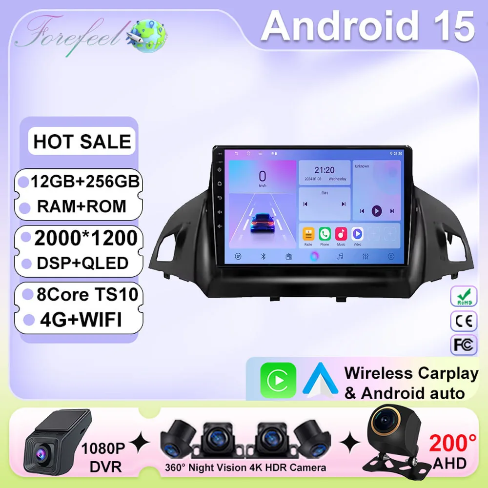 For Ford C-MAX Kuga 2 Escape 3 2012 - 2019 Car Radio Carplay GPS Navigation Android Auto Screen Stereo 5G Wifi Video No 2din DVD