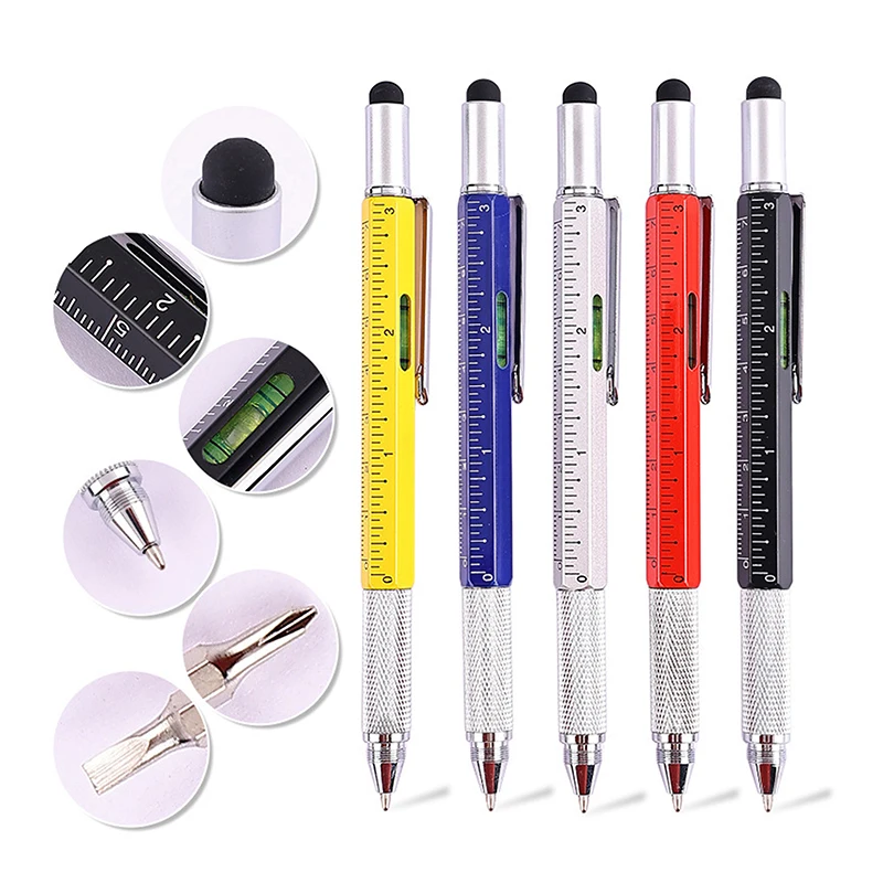 1PCS 6 In 1 Multirole Ballpoint Pen Measure Ruler Screwdriver Touch Screen Stylus Pen Spirit Level Metal Tool Gift Stationery