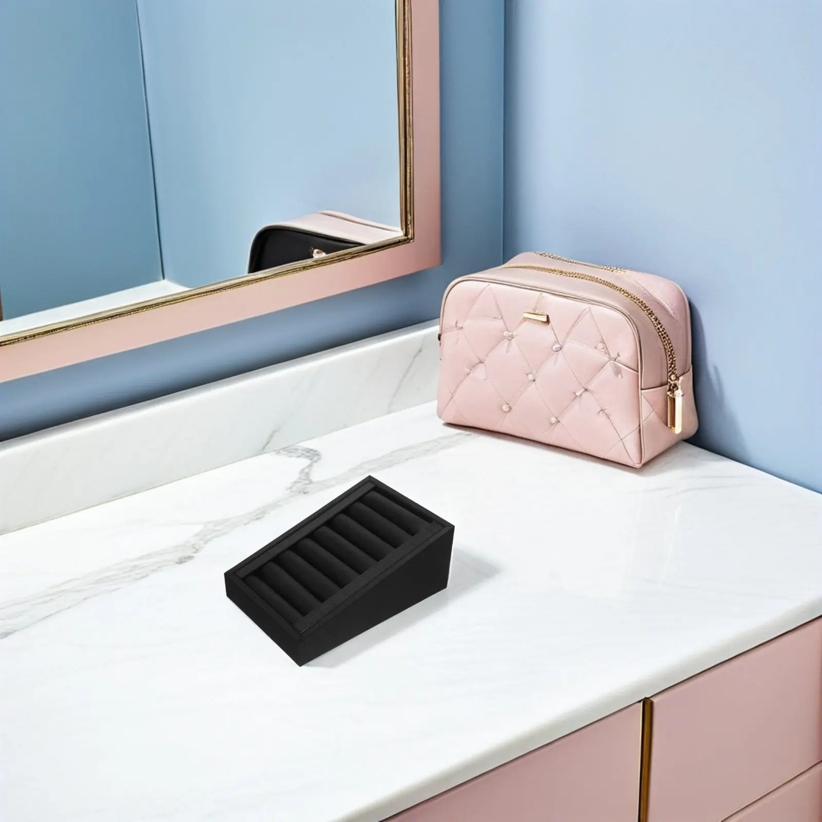 

Jewelry Ring Display Tray PU Black Elegant Grooved Slot Design Organizer Stand for Trade Show Retail Counter Drawer Storage